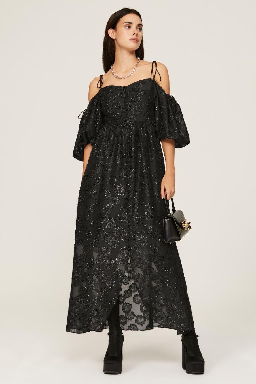 Hofmann Copenhagen Angele Black Lace Tie Strap Off Shoulder Maxi Dress Size 4
